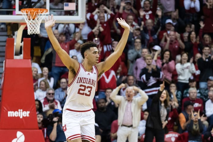 Indiana Hoosiers forward Trayce Jackson-Davis (23) celebrates his basket in the second half against the Michigan State Spartans.